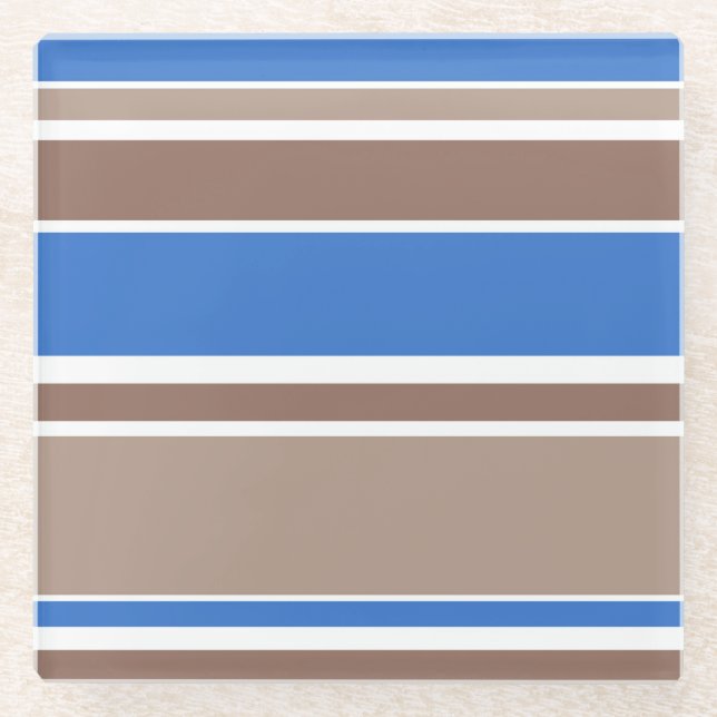 Brown and blue stripes glass coaster (Front)