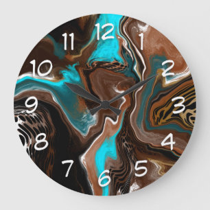 Brown and Blue Teal Marble Fluid Art    Large Clock
