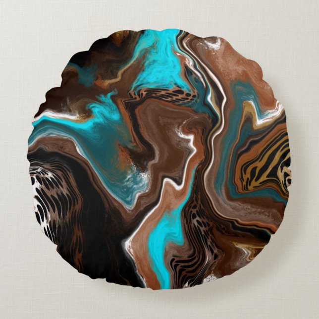 Brown and Blue Teal Marble Fluid Art  Round Pillow (Front)