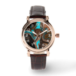 Brown and Blue Teal Marble Fluid Art Watch