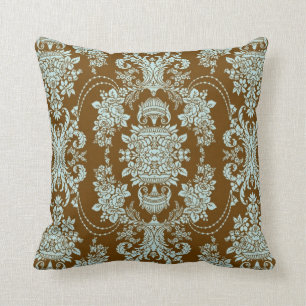Brown And Blue Vintage Baroque Floral Pattern 2 Throw Pillow