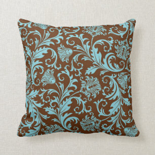 Brown And Blue Vintage Floral Damasks Pattern Throw Pillow