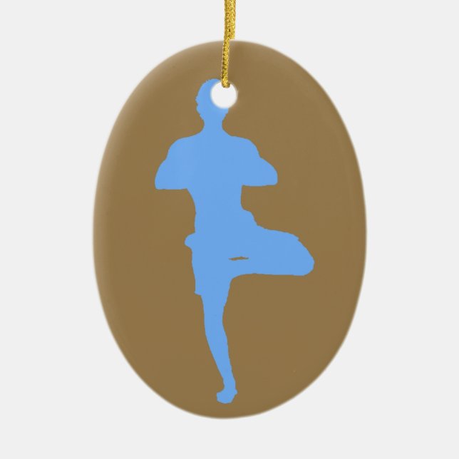Brown and Blue Yoga Tree Pose Ceramic Ornament (Front)