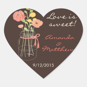 Brown and Coral Mason Jar Wedding Favour Stickers
