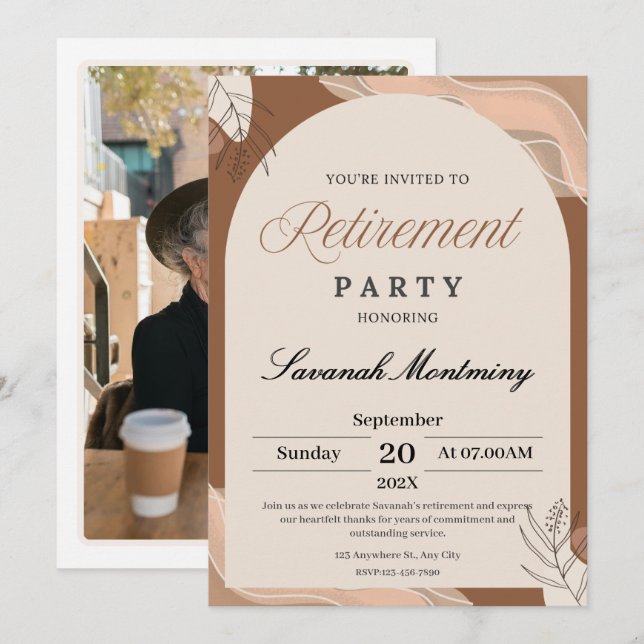 Brown and Cream Aesthetic Retirement Party Photo  Invitation (Front/Back)