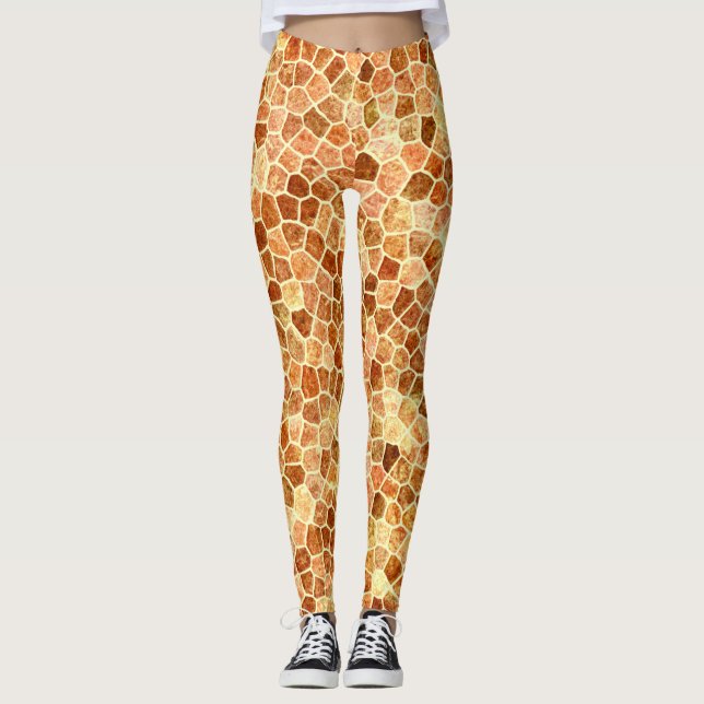 Brown and Cream Cobbled Patchwork Terrazo Pattern Leggings (Front)