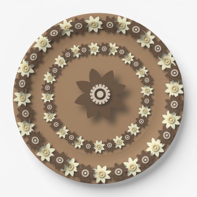 Brown and Cream Floral  Paper Plates (Front)