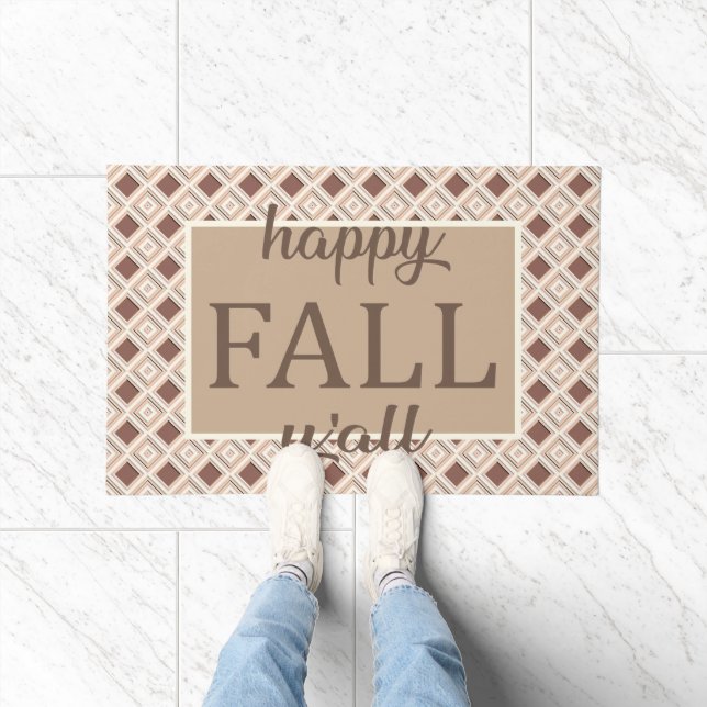 Brown and Cream Plaid Happy Fall Y'all Welcome Doormat (Indoor)