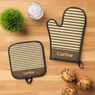 Brown and Cream Stripes Oven Mitt & Pot Holder Set