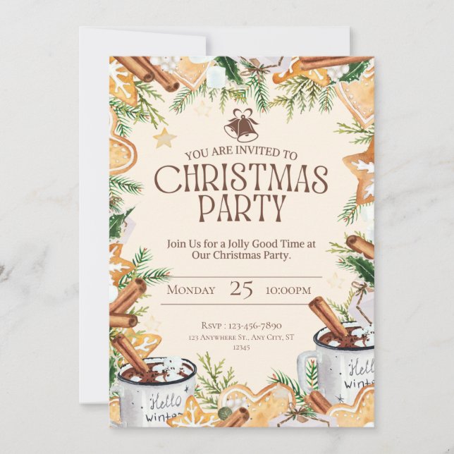 Brown and Cream Watercolor Christmas Party Invitation (Front)