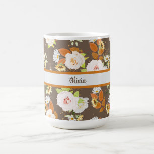 Brown and Floral, Rose, Daisy Personalized Coffee Mug