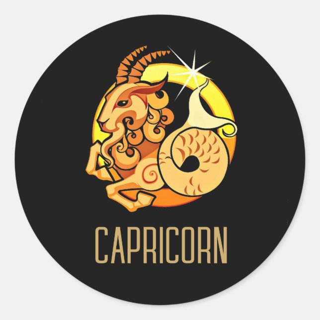 Brown and gold Capricorn zodiac sign black Classic Round Sticker (Front)