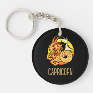 Brown and gold Capricorn zodiac sign black Keychain