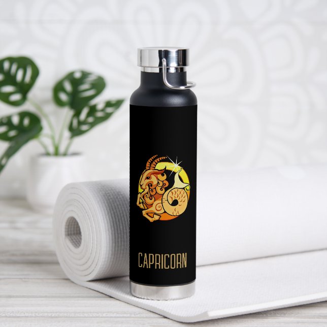 Brown and gold Capricorn zodiac sign black Water Bottle (Yoga)