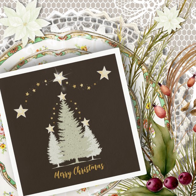 Brown and Gold Christmas Tree and Stars Paper Napkin (Brown and Gold Christmas Tree and Stars Paper Napkins)