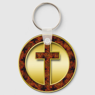 BROWN AND GOLD CROSS KEYCHAIN