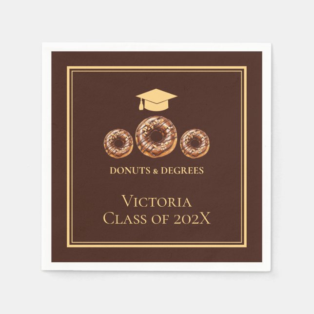 Brown and Gold Doughnuts and Degrees Grad Party Napkin (Front)