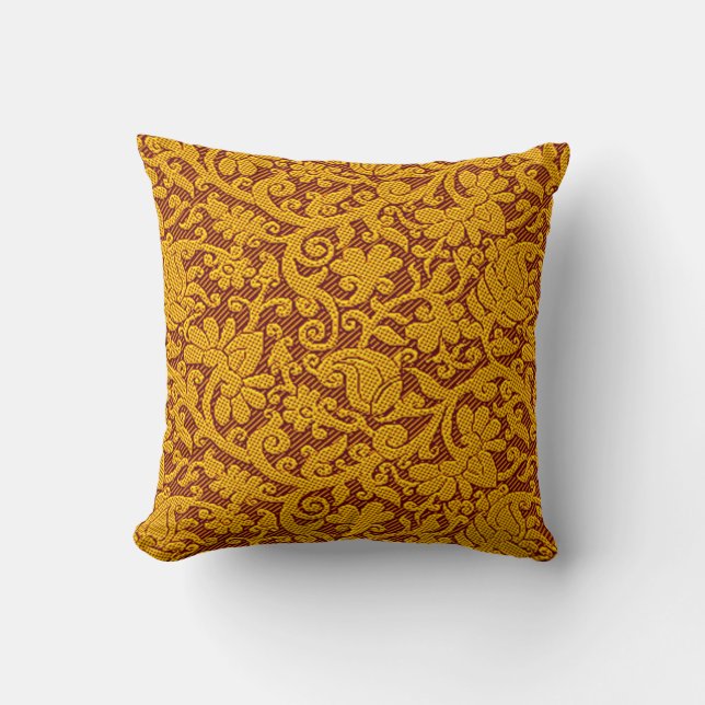 Brown And Gold Rich Indian Brocade Pattern Throw Pillow (Front)