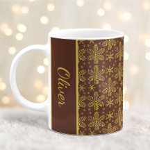 Brown and Gold Snowflakes Christmas Mug with Name