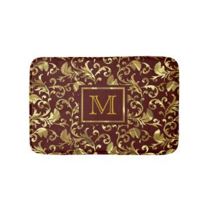 Brown And Gold Vintage Floral Damasks Monogram Bath Mat