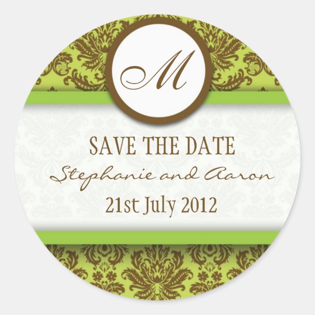 Brown and Green Damask Monogram Wedding Sticker (Front)