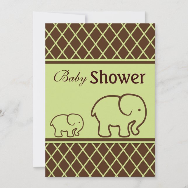 Brown and Green Elephants and Diamonds Baby Shower Invitation (Front)