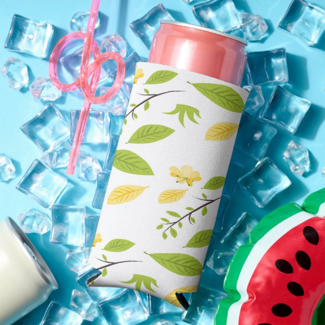 Brown and green leaves on white seltzer can cooler (In Situ Summer)