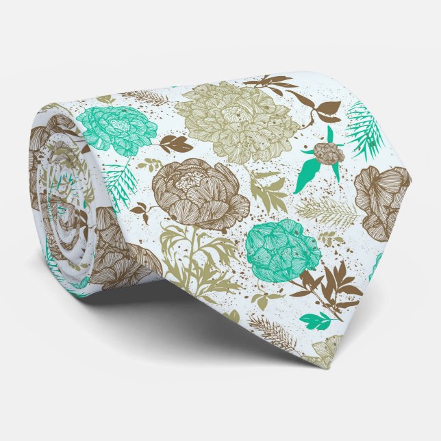 Brown and Green Pattern Retro Floral Tie (Rolled)