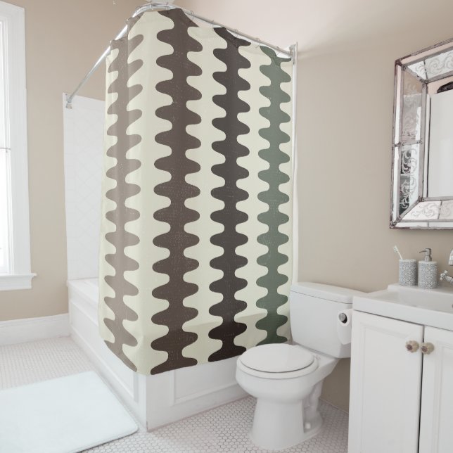 Brown and Green Retro Wavy Shower Curtain (In Situ)