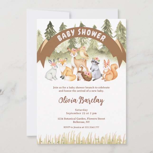 Brown And Green Woodland Animals Baby Shower  Invitation (Front)
