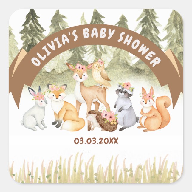Brown And Green Woodland Animals Baby Shower Square Sticker (Front)