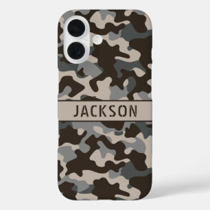 Brown and Grey Camouflage Personalized iPhone 16 Case