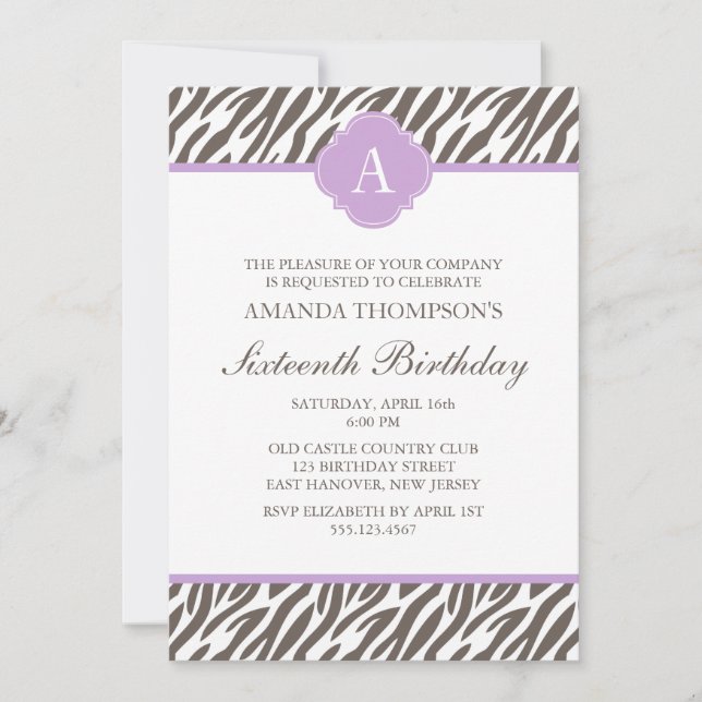 Brown and Lavender Zebra Pattern Monogram Invitation (Front)