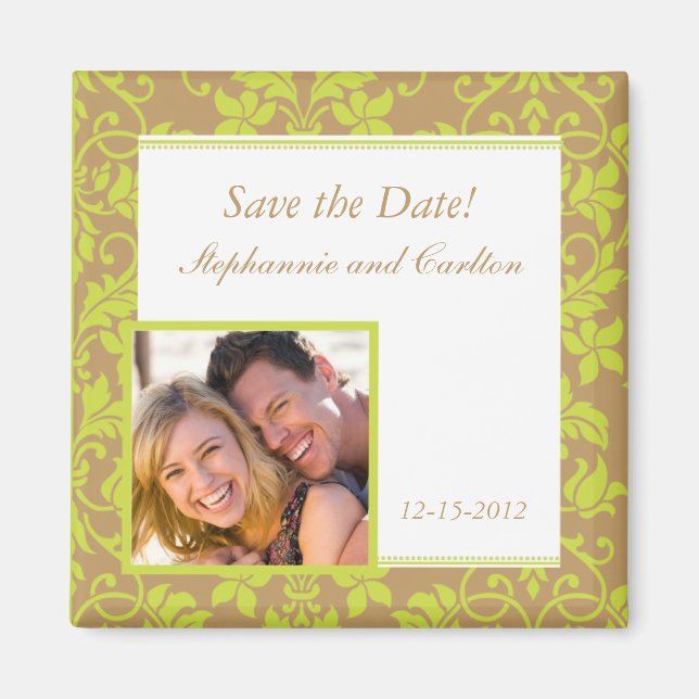 Brown and Lime Green Damask Announcement Magnet (Front)