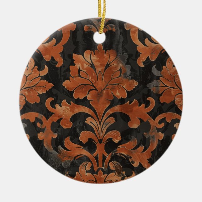 Brown and Orange Damask Pattern Ceramic Ornament (Front)