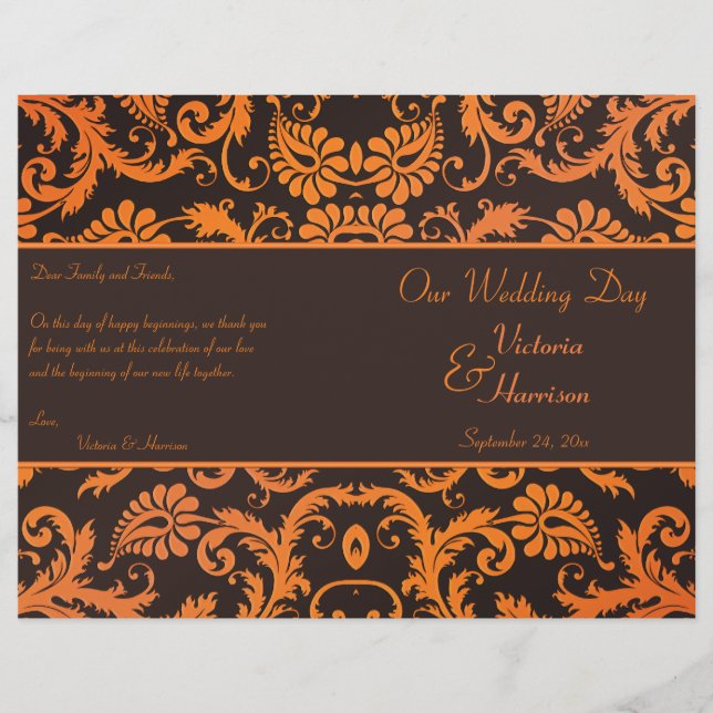 Brown and Orange Damask Wedding Program (Front)