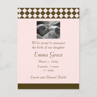Brown and Pink Argyle Announcement (Customizable) Postcard