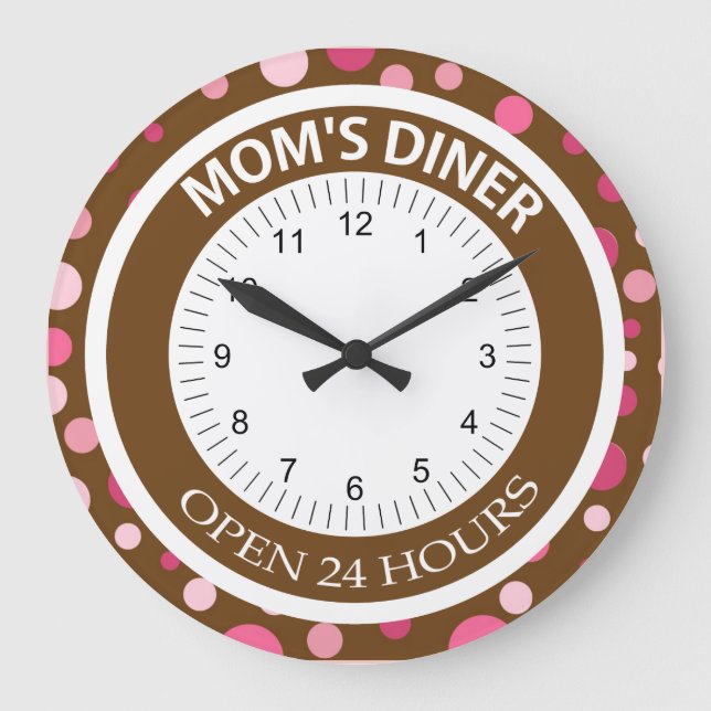 Brown and Pink Dots Mom's Diner Large Clock (Front)