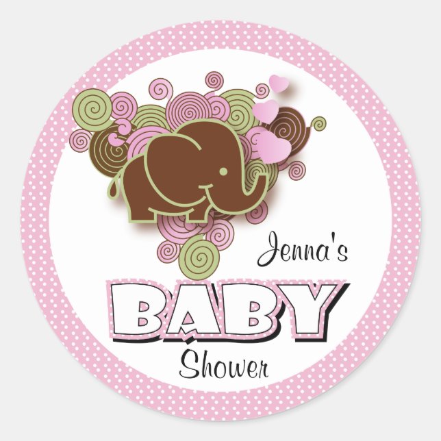 Brown and Pink Elephant | Baby Shower Classic Round Sticker (Front)