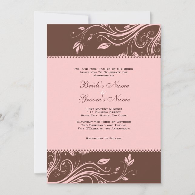 Brown and Pink Floral Swirls Wedding Invitation (Front)
