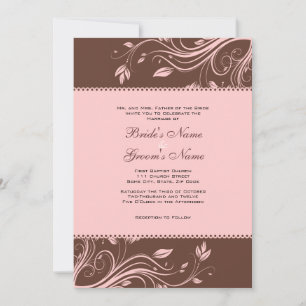 Brown and Pink Floral Swirls Wedding Invitation