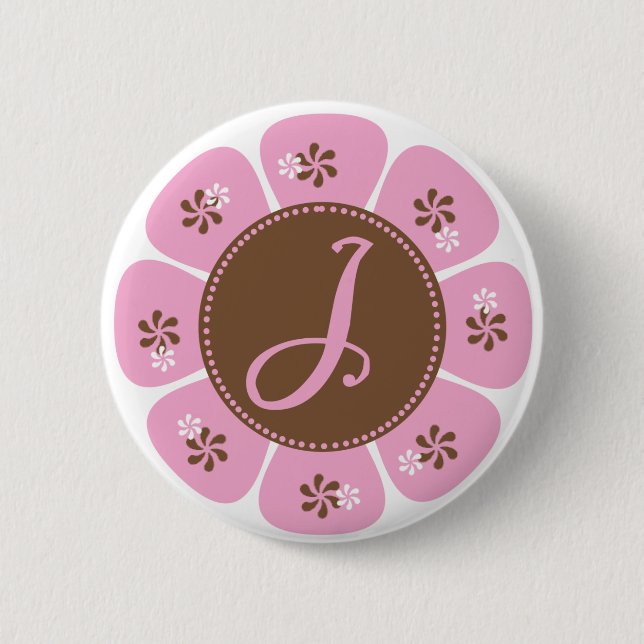 Brown and Pink Monogram J 2 Inch Round Button (Front)