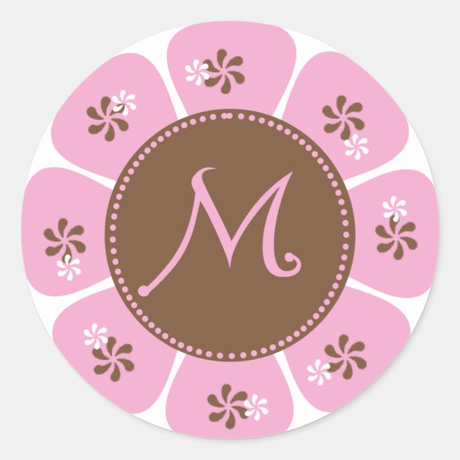 Brown and Pink Monogram M Classic Round Sticker (Front)