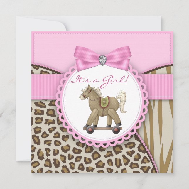 Brown and Pink Rocking Horse Baby Girl Shower Invitation (Front)