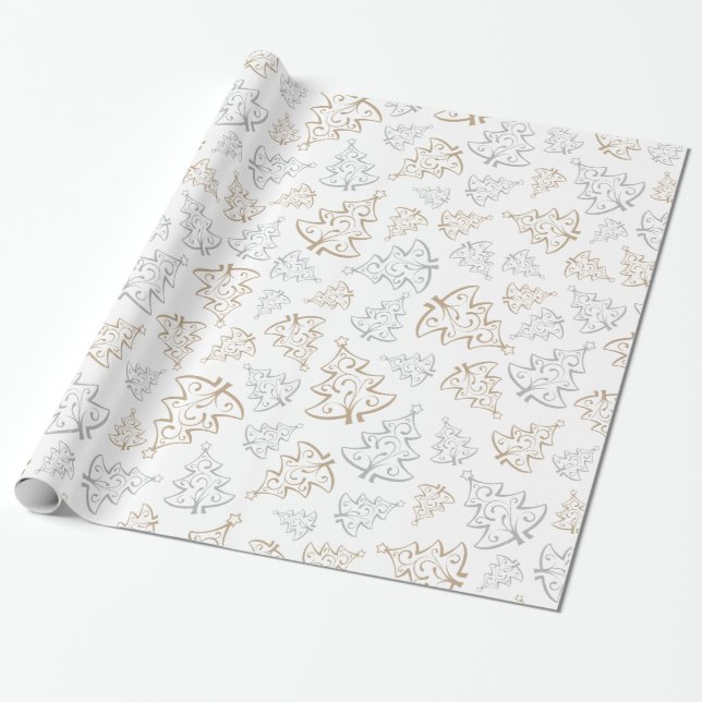 Brown and Silver Elegant Christmas Trees Pattern Wrapping Paper (Unrolled)