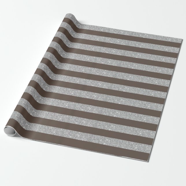 Brown and Silver Glitter Stripes Wrapping Paper (Unrolled)
