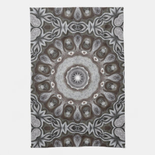 Brown and Silver Kaleidoscope Mandala Pattern Kitchen Towel