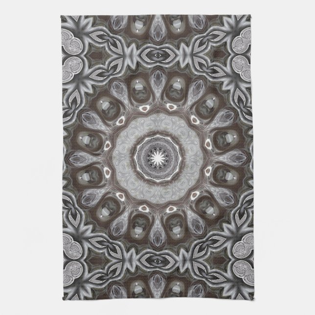 Brown and Silver Kaleidoscope Mandala Pattern Kitchen Towel (Vertical)