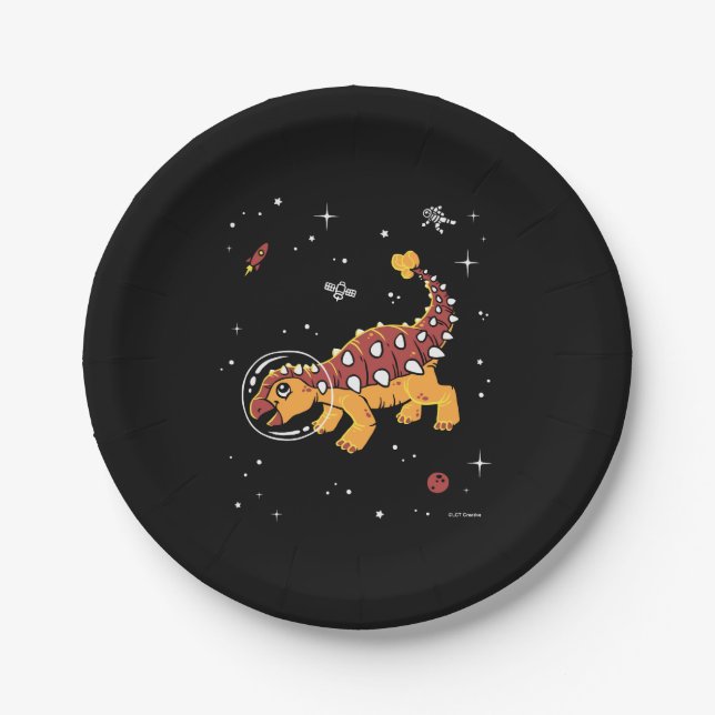 Brown And Tan Ankylosaurus Dinos In Space Paper Plate (Front)