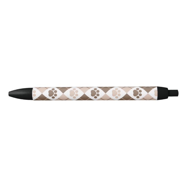 Brown and Tan Argyle Paw Print Pattern Black Ink Pen (Front)